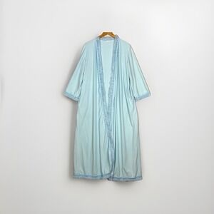 Vtg 60s Housecoat Womens L/XL Dressing Robe Pastel Blue Fringe USA Made MCM